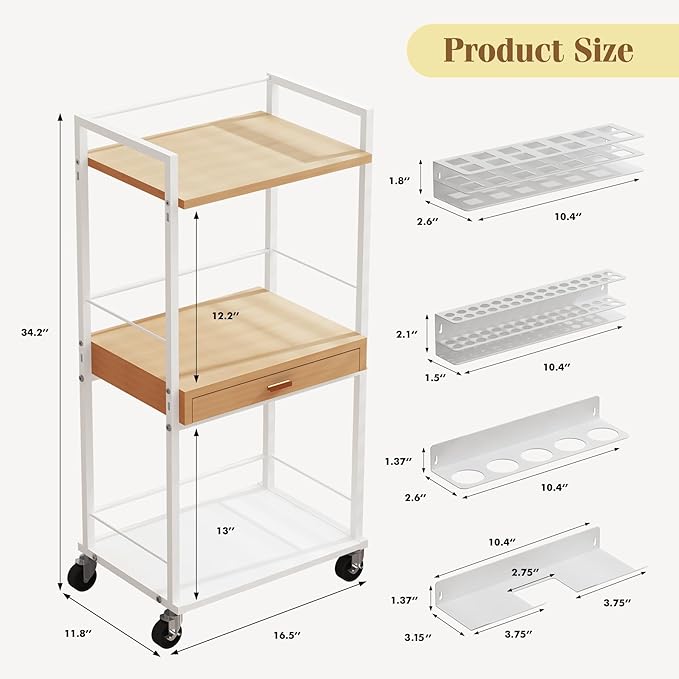 Makeup Organizer Cart with Wooden Drawer, 2-in-1 Floor Skincare Organizers with Jewelry Storage, 16.5'' L x 11.8'' W x 34.2'' H Large Make Up Organizers Vanity Organizer for Skin Care Hair Tool