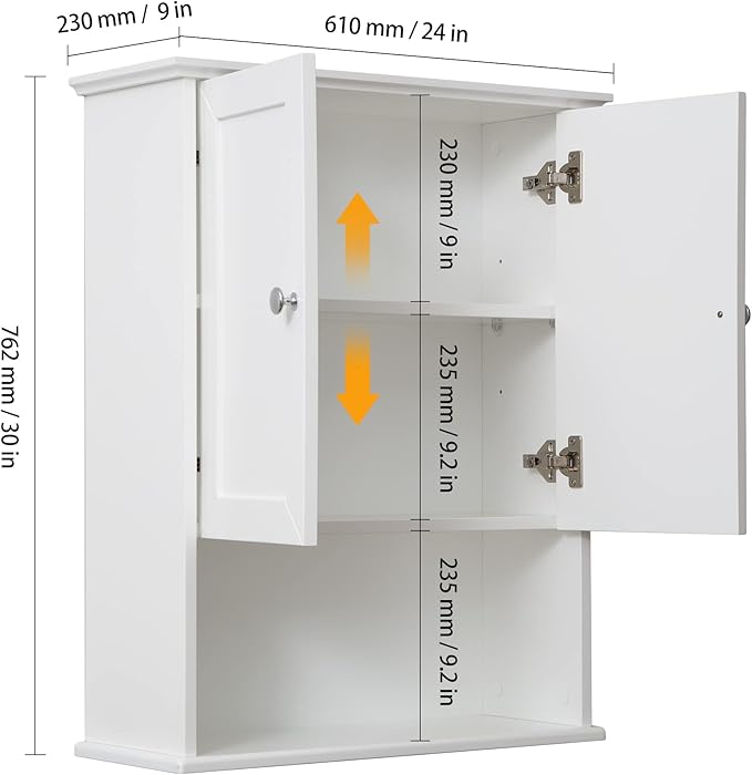 VANIRROR White Bathroom Wall Cabinet Over The Toilet Storage Cabinet, 24x30 Inch Wood Medicine Cabinets Wall Mounted Bathroom Cabinet with Doors for Laundry Room, Bedroom Kitchen