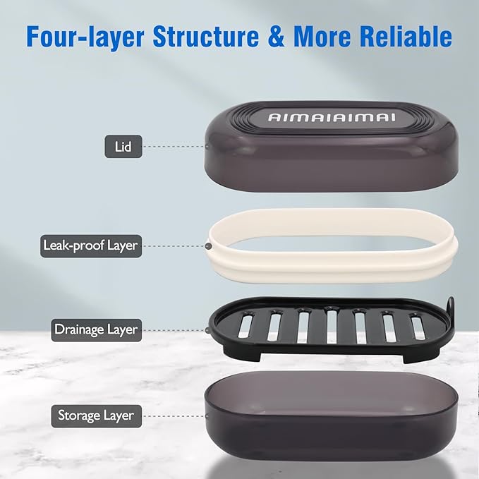 AIMAIAIMAI Travel Soap Container, Leakproof Soap Box, Travel Soap Holder with Removable Draining Layer, Portable Soap Case for Traveling, Camping, Gym (Black)
