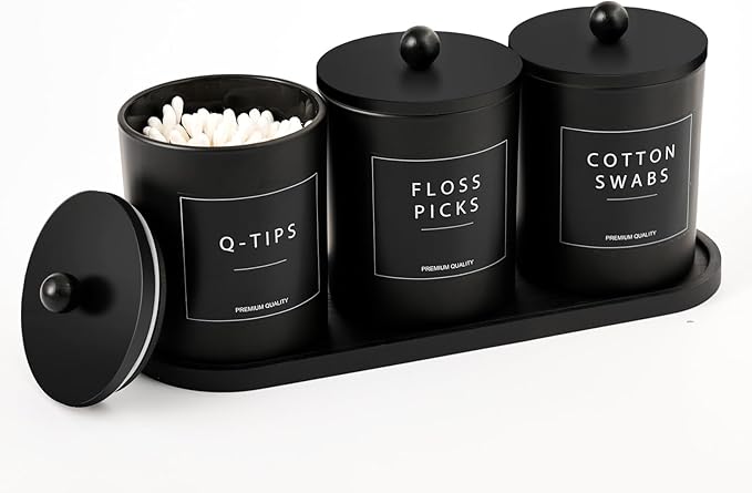 Glass Qtip Holder for Bathroom, Black Cotton Round Holder Swab Pad Dispenser with Lids, Floss Pick Holder with Bamboo Tray, Apothecary Jars with Scoop, Set of 3
