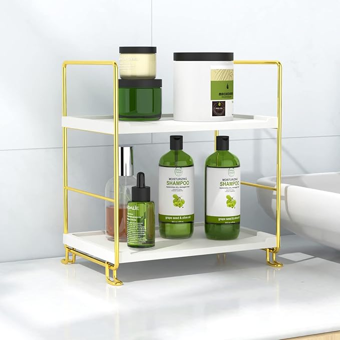 2-Tier Bathroom Countertop Organizer Perfume Organizer Makeup Shelf Bedroom Storage Tray or Kitchen Spice Rack (Gold)