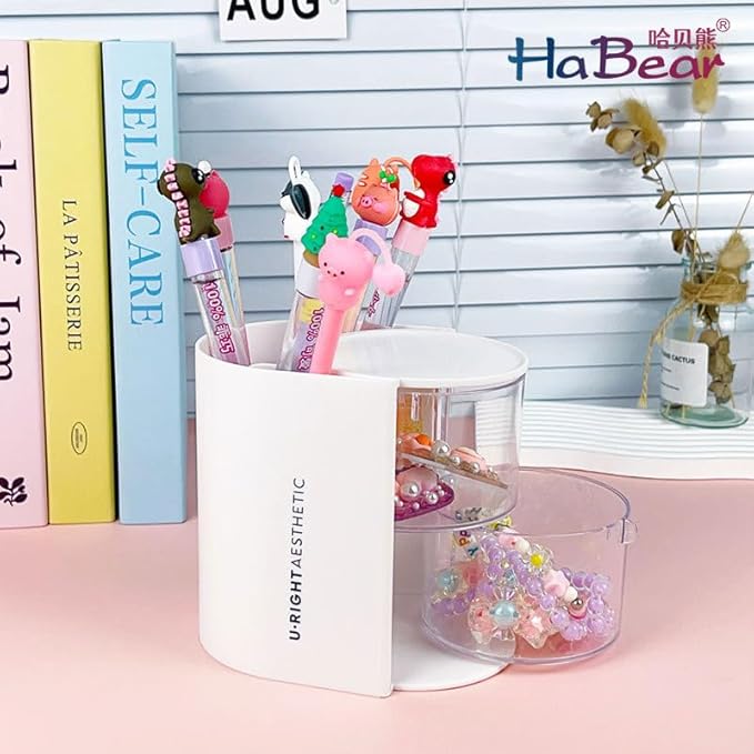 Hair Accessories Organizer with Hair Brush Holder, Rotatable Makeup Brush Holder for Necklaces, Earring, Bracelet, Ring, Makeup Brushes, Hair Clip and Hair Accessories (White, 2-Layer)