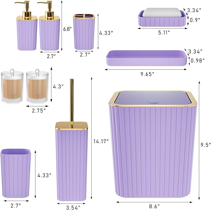 XLHOMO Bathroom Accessories Set - Gorgeous Bathroom Set, 10PC Purple Bathroom Accessory Set, Toilet Brush, Trash Can & Soap Dispenser
