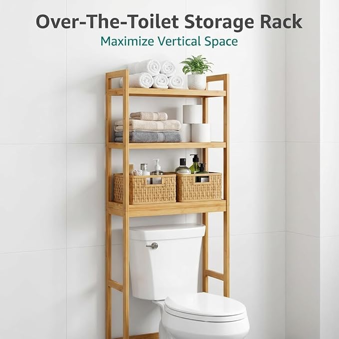 Over the Toilet Storage, 3-Tier Bamboo Bathroom Organizer with Adjustable Shelf, Space-Saving Rack, 66.9" Tall (Natural Color)