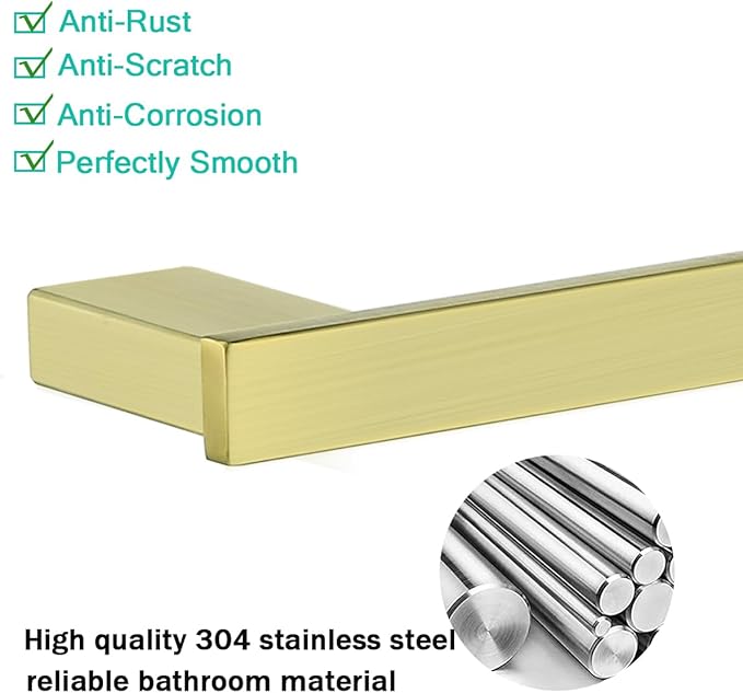 Brushed Gold Bathroom Hardware Accessories Set 4 Pieces Bath Towel Bar Set with 18 Inch Towel Bar,Toilet Paper Holder,Towel Hooks,SUS 304 Stainless Steel Wall Mounted Bathroom Towel Rack Set