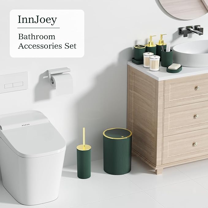Dark Green Bathroom Accessories Set, 10PC Bathroom Set, Bath Accessory with Pop Up Trash Can, Soap Dispenser, Toilet Brush, Toothbrush Set Qtip Holders & Tray