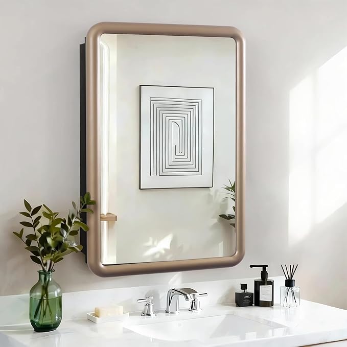 Bathroom Medicine Cabinet with Gold Wood Framed Mirror, Recessed or Wall Mount Bathroom Vanity with Storage Shelves 17.5x26 inch