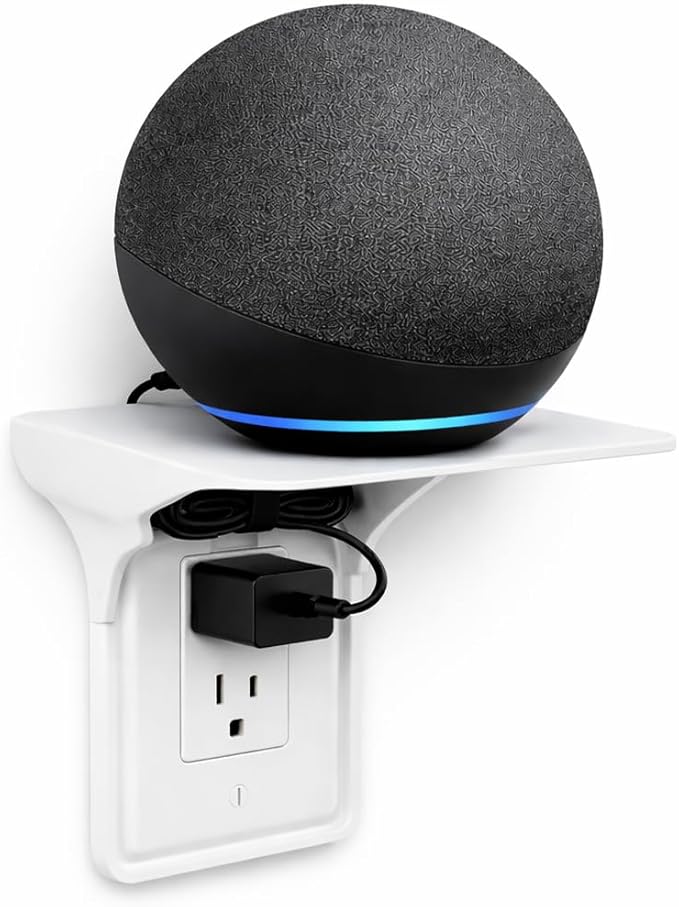 Outlet Shelf ?€? Wall Mount Organizer for Echo Dot, HomePod Mini, Alexa and Smart Home Devices ?€? Bathroom Space Saver, Renter-Friendly for Kitchen, Bedroom, Office