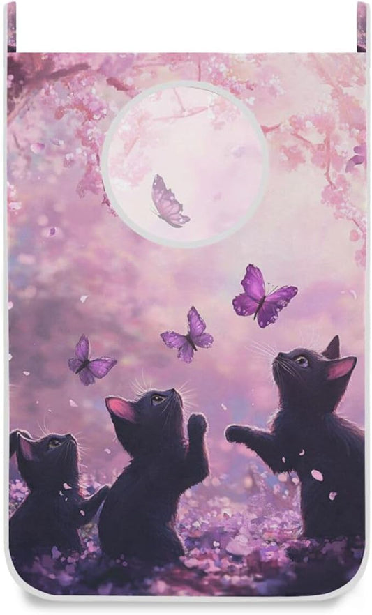 Hanging Laundry Hamper with Stainless Steel Hooks,Oxford Fabric Printing Door Laundry Clothes Bag, 29.5X20inch 2PCS Cherry Blossom Black Cats and Butterfly