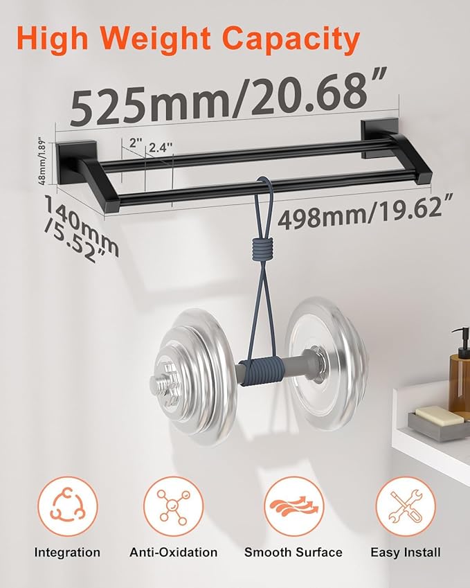 Alise Bath Double Towel Bars Towel Racks for Bathroom,Wall Mount Towel Holder 20-Inch Heavy Duty SUS304 Stainless Steel Towel Hanger Rail,Matte Black