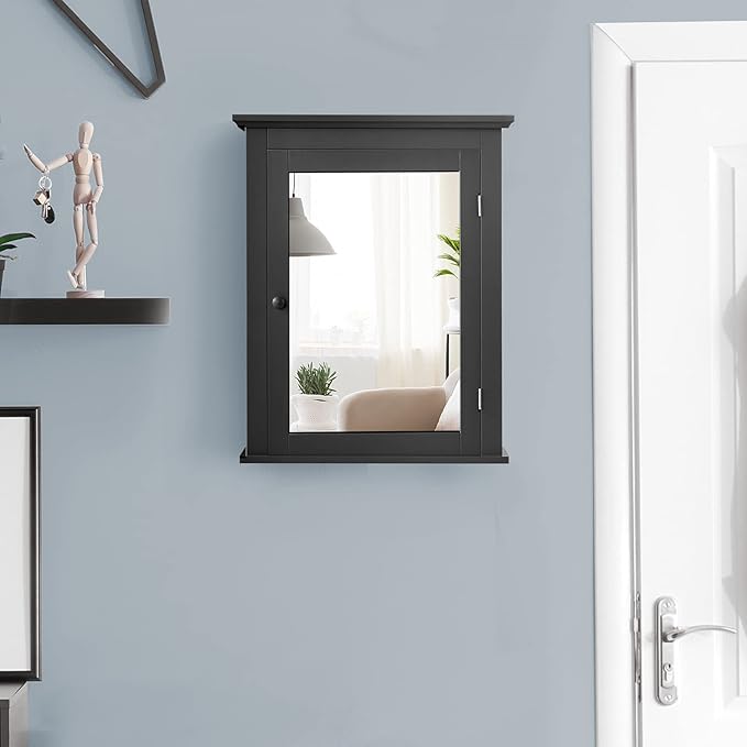 COSTWAY Bathroom Medicine Cabinet with Mirror, Wall-Mounted Storage Cabinet Organizer with 5-Position Adjustable Shelf, Hanging Bathroom Wall Cabinet for Living Room Bedroom Entryway (Black)