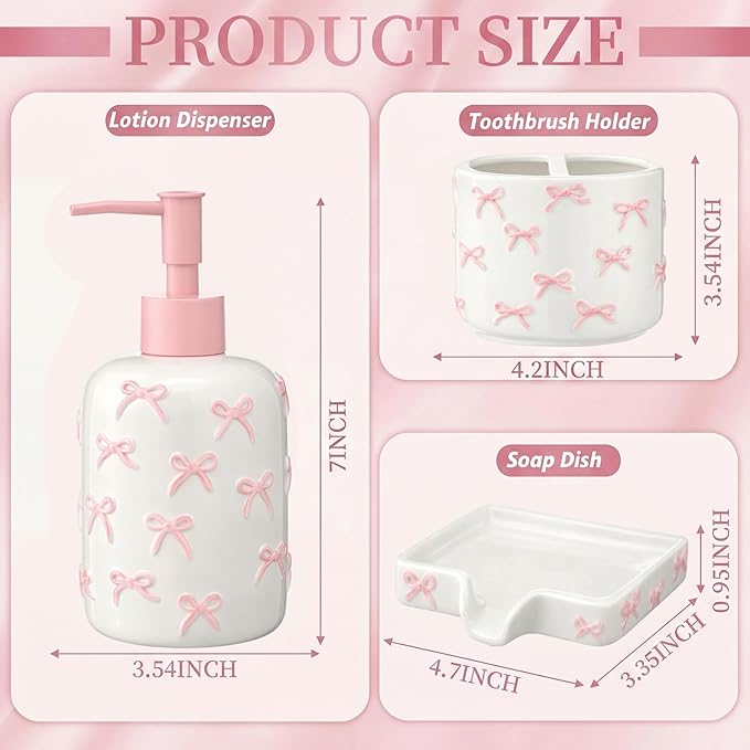 White Bow Ceramic Bathroom Accessories Set 3 Pcs for Countertop, Soap Dispenser, Toothbrush Holder, Soap Holder, Bathroom Sink Decor for Modern Home Decor