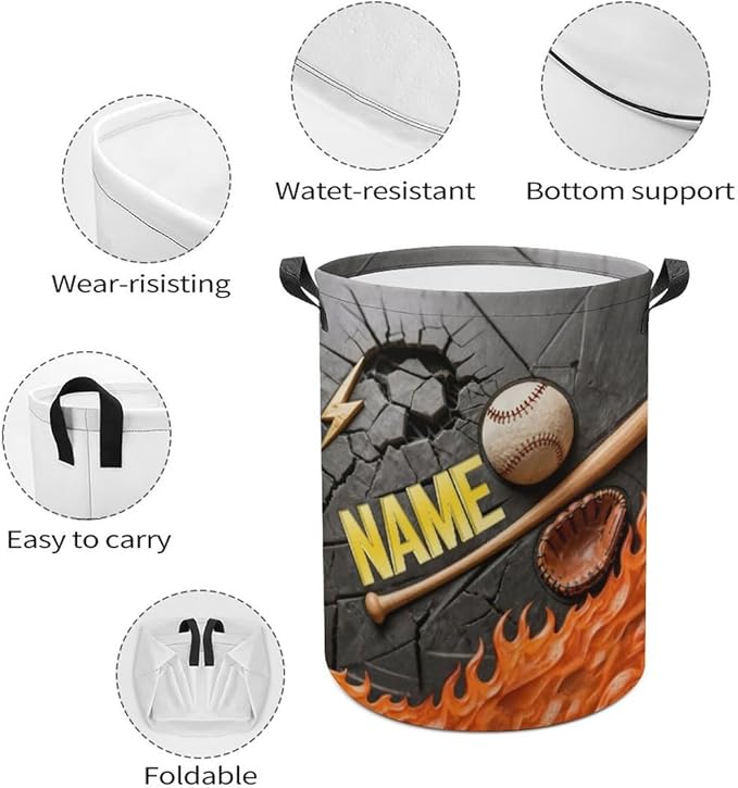 Personalized Baseball Laundry Hamper Custom Name Funny Dirty Clothes Laundry Basket Portable Storage Basket For Home Bathroom Family Baseball Lovers Xmas Birthday (style 3)