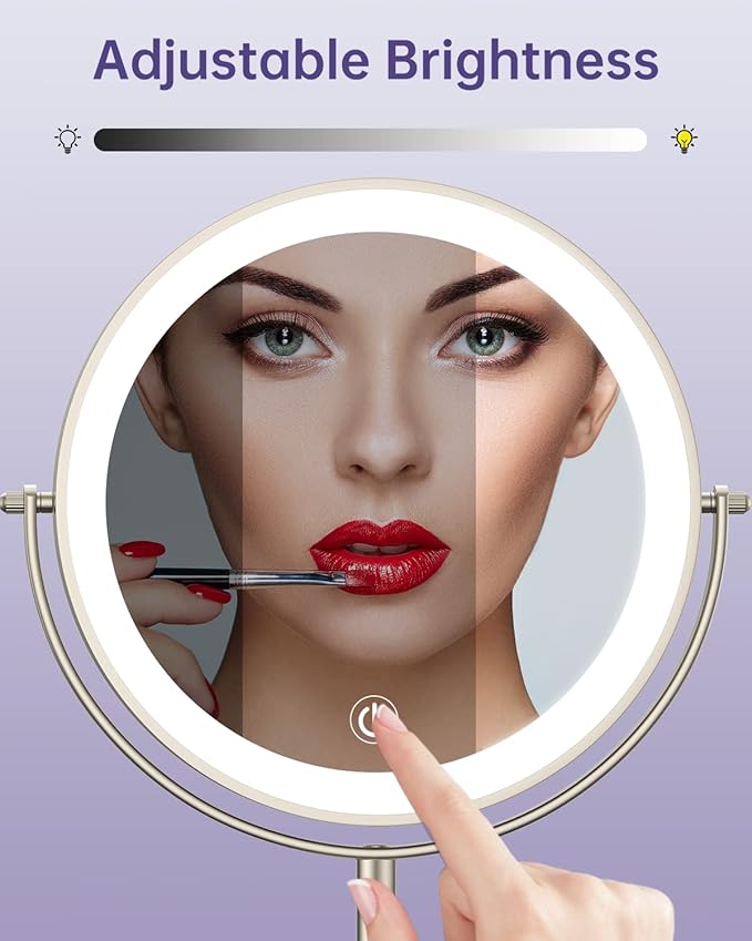 Gospire 8" Lighted Makeup Mirror with Magnification 10X/1X, 3 Color Lights & Dimmable Lighting, 360° Rotation Double Sided Rechargeable Cordless Vanity Cosmetic Standing LED Mirror for Makeup