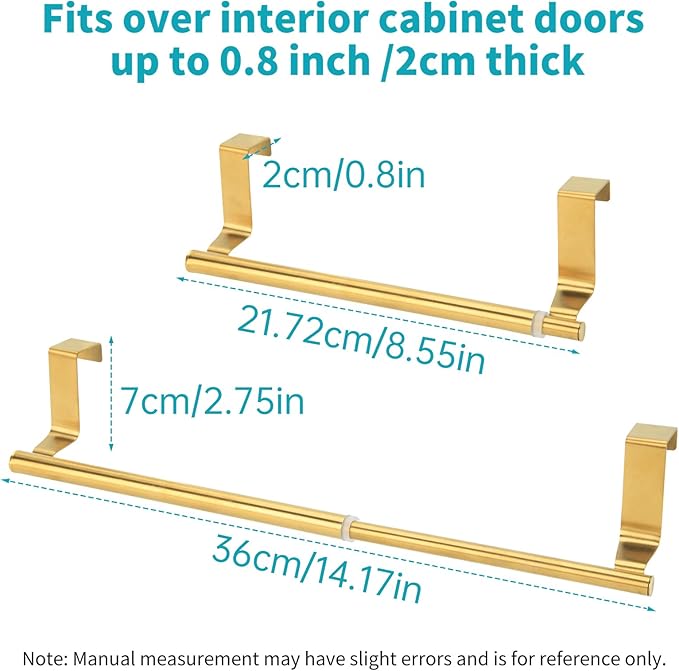 Over Cabinet Towel Holder, Stainless Steel Adjustable Length Over Cabinet Door Kitchen Towel Bar. Dish Towel Holder Hanger Suitable for Cupboard,Door,Cabinet,Laundry. Gold