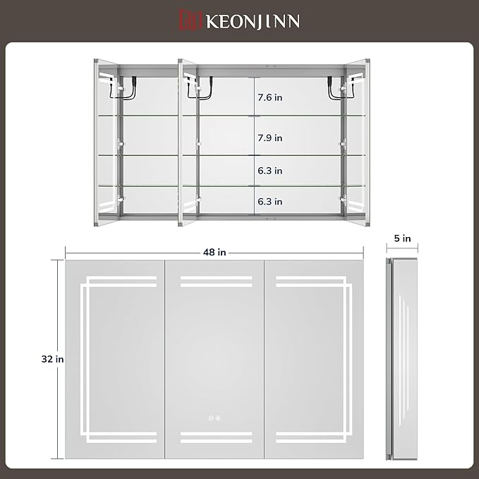 Keonjinn 48 x 32 Inch Large Medicine Cabinet with Lights, LED Medicine Cabinet Mirror for Bathroom, Adjustable Shelves, Tempered Glass, No Outlets, Dimmable, 3 Color Lights, Anti-Fog, Wall Mount Only