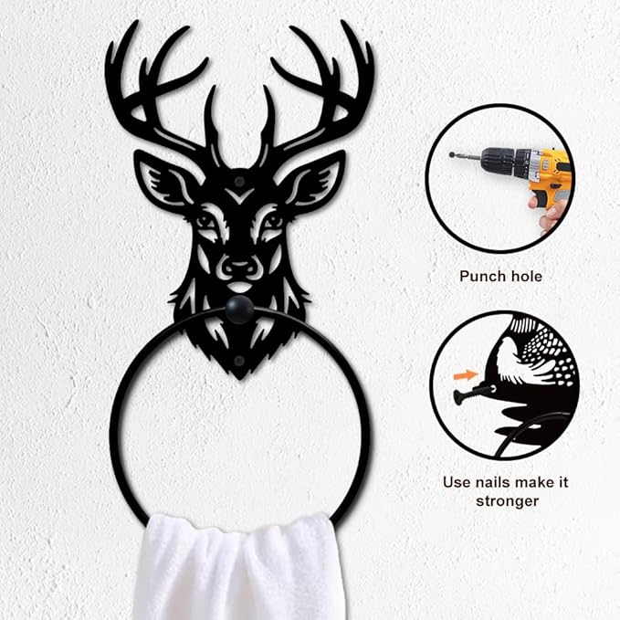 MAYJOYDIY Deer Animal Metal Towel Ring Deer Head Towel Holder Elk Antler Wall Decor Towel Hanger Black Art Custom Towel Rack Wall Mounted for Bathroom Kitchen Home Decors Gift