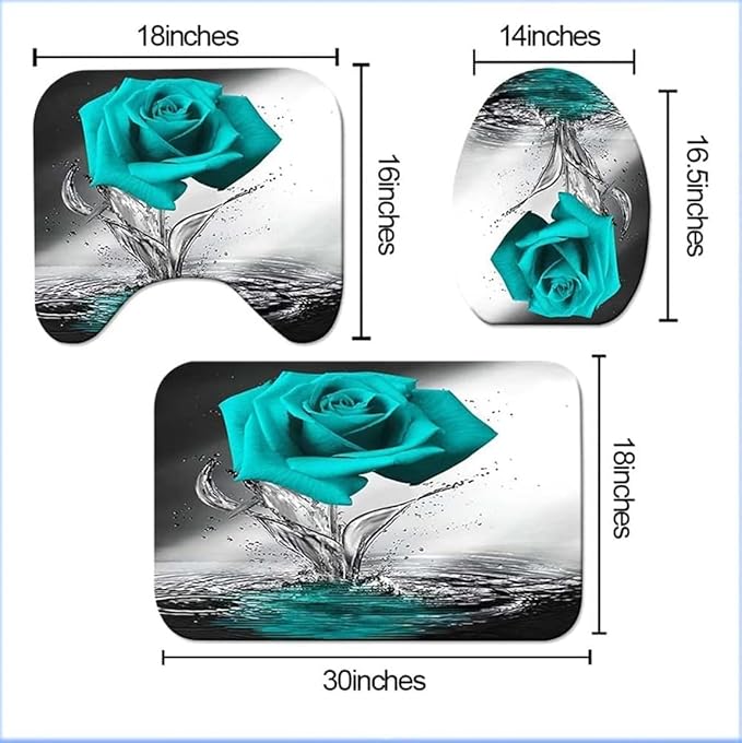 Teal Rose Modern Style Floral Shower Curtain Set with Non-Slip Rugs, Bath Mat, Toilet Lid Cover and 12 Strong Hooks for Bathroom, 70.87"W x 70.87"L