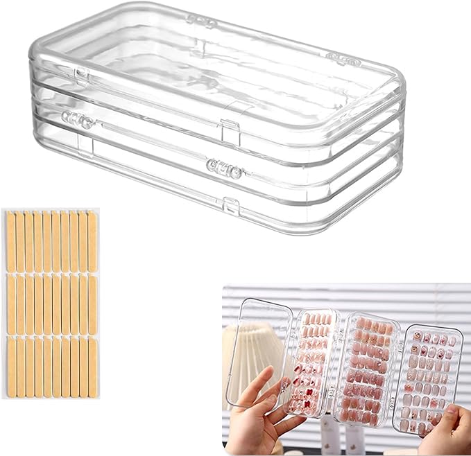 Press On Nail Organizer Case,Tri-Fold 4 Page Press On Nail Storage Box with Adhesive Double Sided Tape,PET Plastic Holder Box for Fake Nail,Nail Display Nail Salon Supplies Nail Art Business