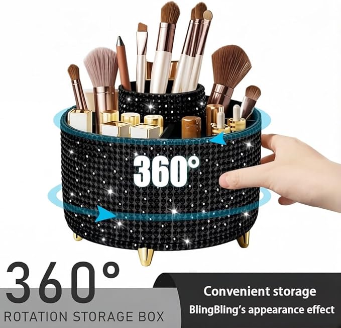 Bling Makeup Brush Holder,360° Rotating Makeup Brush Organizer,5 Slot Make up Brushes Cup for Cosmetics,Large Capacity,For Nail Polish, Art Supply, Bathroom Vanity,Cosmetics Organizer,Diamond Black