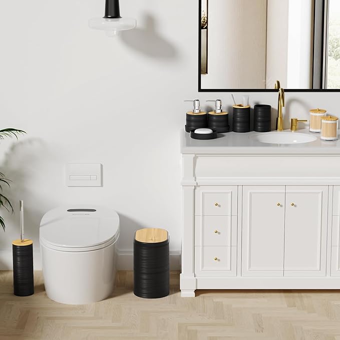 XLHOMO Black Bathroom Set - 10PC Bathroom Accessories Set, Luxury Bathroom Accessory Set with Trash Can,Toilet Brush & 2 PC Soap Dispensers for Apartment Decor and Housewarming