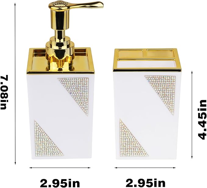 Bathroom Accessories Set, Square 2-Piece White Soap Dispenser & Toothbrush Holder with Sparkling Inlaid Diamonds, Modern Geometric Vanity Set