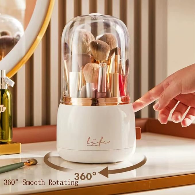 Pink Makeup Brush Holder Organizer with Lid 360 Rotating [2023 New] Clear Cosmetic Brush Organizer for Vanity Desktop Bathroom Countertop (Pink)