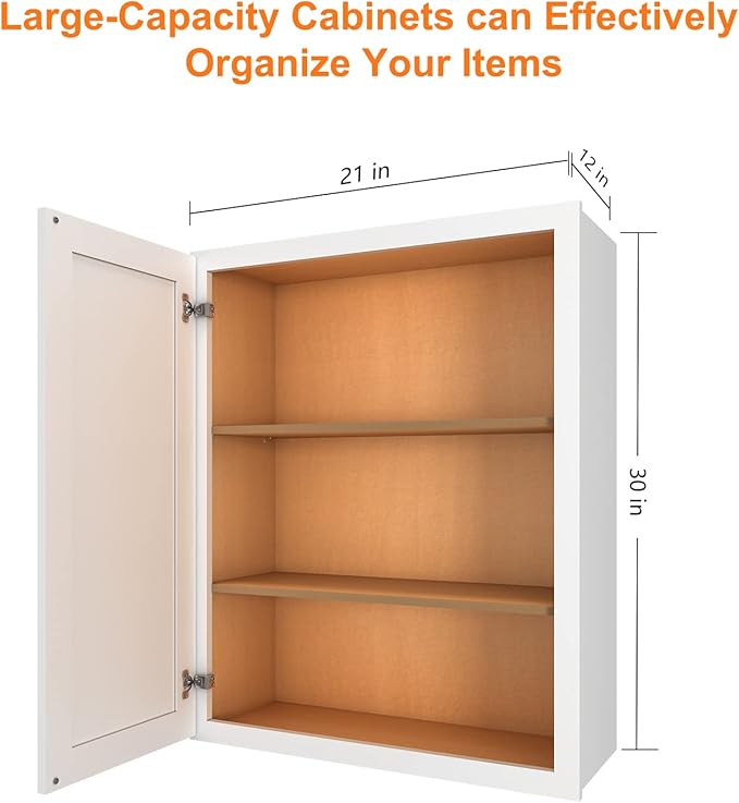 ROOMTEC Wood Wall Cabinet,RTA Single Door Medicine Cabinet with Adjustable Shelves and Soft-Close Door for Kitchen, Bathroom, and Laundry. 12" D*21" W*30" H, Shaker White