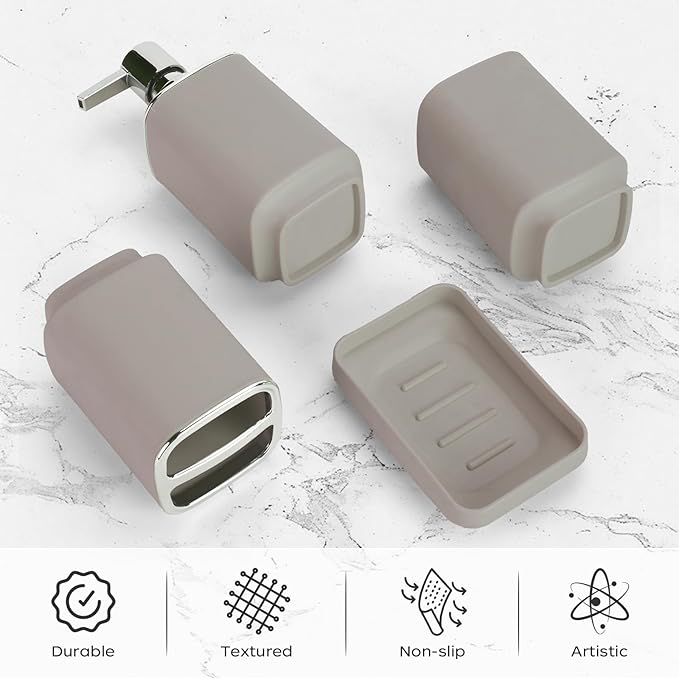 4Pack Bathroom Accessories Set, Bohemian Bathroom Sink Set, Contain Soap Dispenser, Toothbrush Holder, Soap Dish & Mouthwash Cup,Square soap and Toothbrush Holder Set