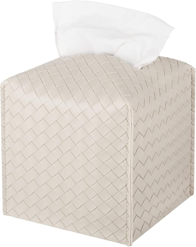Tissue Box Cover PU Leather Tissue Holder Square Facial Tissue Case Facial Paper Organizer Dispenser for Bathroom, Vanity Countertop, Tabletop, Car, Griege