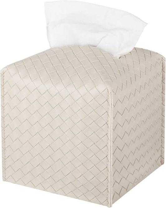 Tissue Box Cover PU Leather Tissue Holder Square Facial Tissue Case Facial Paper Organizer Dispenser for Bathroom, Vanity Countertop, Tabletop, Car, Griege