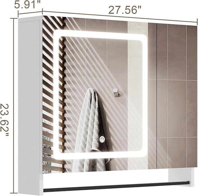 ChooChoo Bathroom Medicine Cabinet with Mirror, Modern Mirror Cabinet with LED Lights, Bathroom Wall Cabinet with Adjustable Shleves, Towel Bar, White