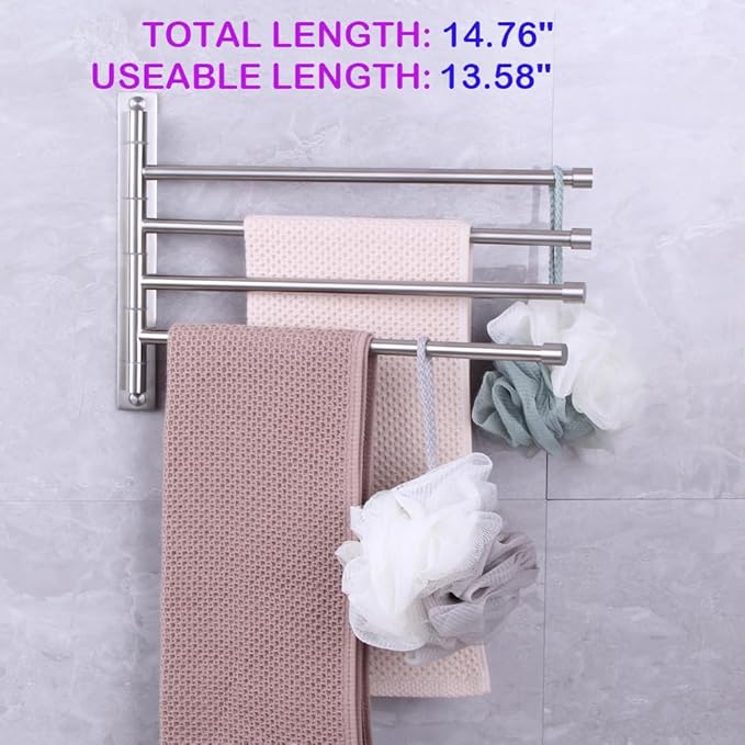 Swivel Towel Bar 4-Arm Bathroom Towel Holder Wall-Mounted Swing Out Towel Rack with Hooks Rustproof Brushed Finish