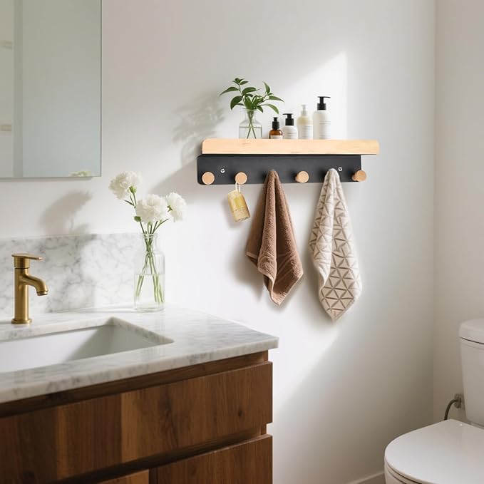 Gugxiom Wood & Metal Wall Mounted Coat Rack Shelf with Hooks, Pine Wood & Metal, Bathroom, Kitchen, Living Room, Entryways