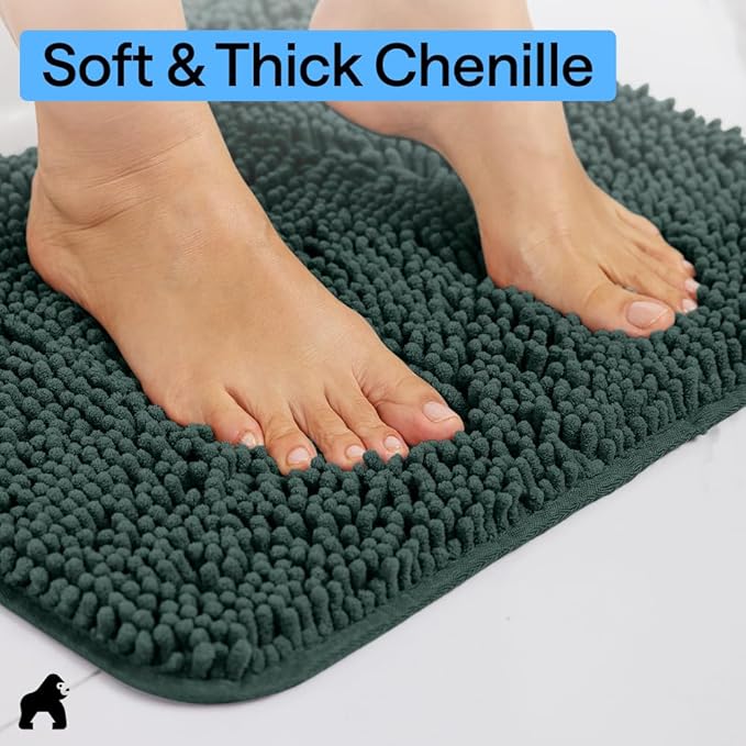 GORILLA GRIP Bath Rug Mat 44x26, Soft Absorbent Chenille, Quick Dry Microfiber Mats, Rubber Backing Washable Shower Floor Rugs, Bathmat Runner, US Designed Bathroom Decor Accessories Hunter Green