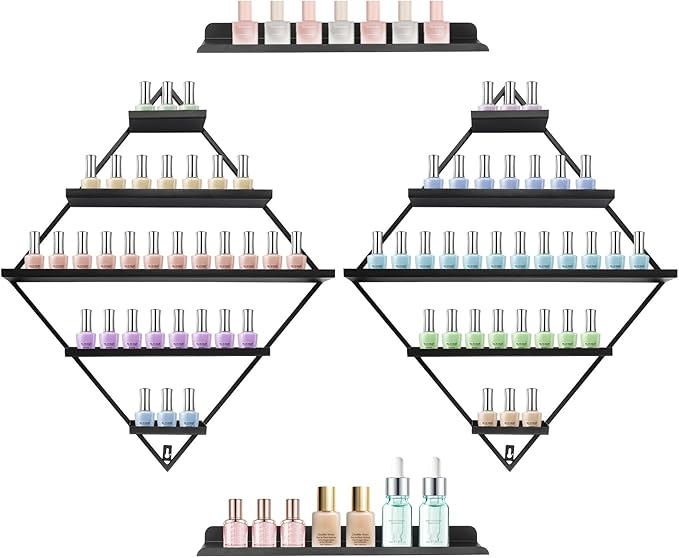 Wall-Mounted Nail Polish Rack, Set of 4 Rhombus Black Nail Polish Shelf Lipstick Perfume Cosmetic Display Shelf for Home Spa Nail Salon Shop