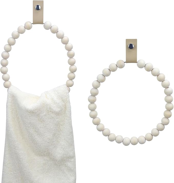 2PCS Towel Rack Handmade Wooden Bead Towel Ring Wall Mounted Farmhouse Hand Towel Holder for Bathroom Decor