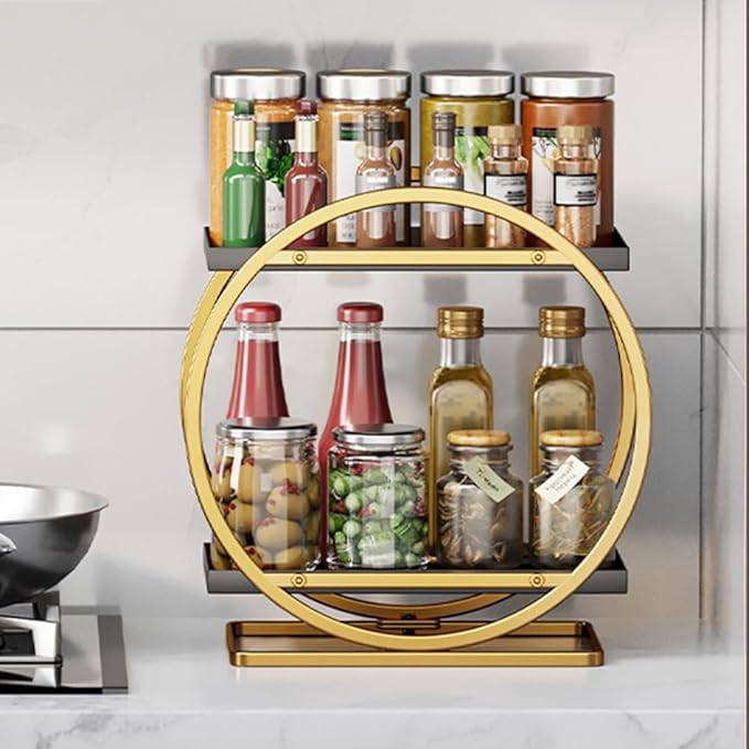 2-Tier Gold Bathroom Countertop Organizer, Round Metal Shelf for Skincare, Makeup and Toiletries,Cosmetic Display Tray, Storage Rack for Vanity, Kitchen,Office Desk