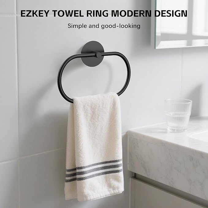 Adhesive Towel Holder Matte Black Hand Towel Holder for Bathroom Wall Stainless Steel Towel Ring for Bathroom Hardware Accessories No Drilling, 2 Packs