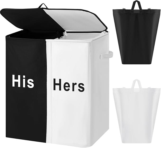 DoubleFill 154L Large Double Laundry Hamper with Lid and Removable Bags Laundry Basket 2 Section Collapsible Dirty Clothes Hamper for Bathroom Bedroom for Husband&Wife Parents or Couple(His Hers)
