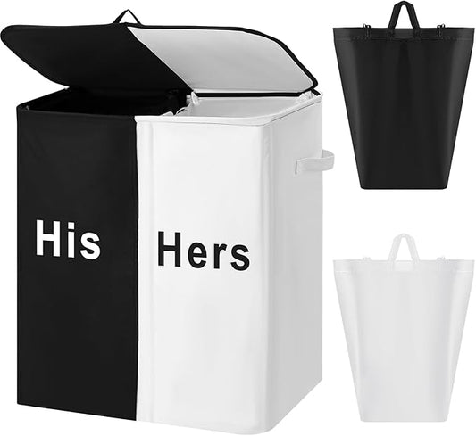 DoubleFill 154L Large Double Laundry Hamper with Lid and Removable Bags Laundry Basket 2 Section Collapsible Dirty Clothes Hamper for Bathroom Bedroom for Husband&Wife Parents or Couple(His Hers)