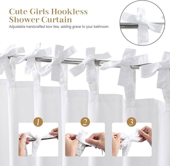 Adjustable Bow-Tie Top White Ruffle Shower Curtain for Girls Women, Delicate Fabric Shower Curtain with Handcrafted Ruffles and Small Holes, Waterproof Ruched Farmhouse Bathroom Curtain, 72"W x 72"H