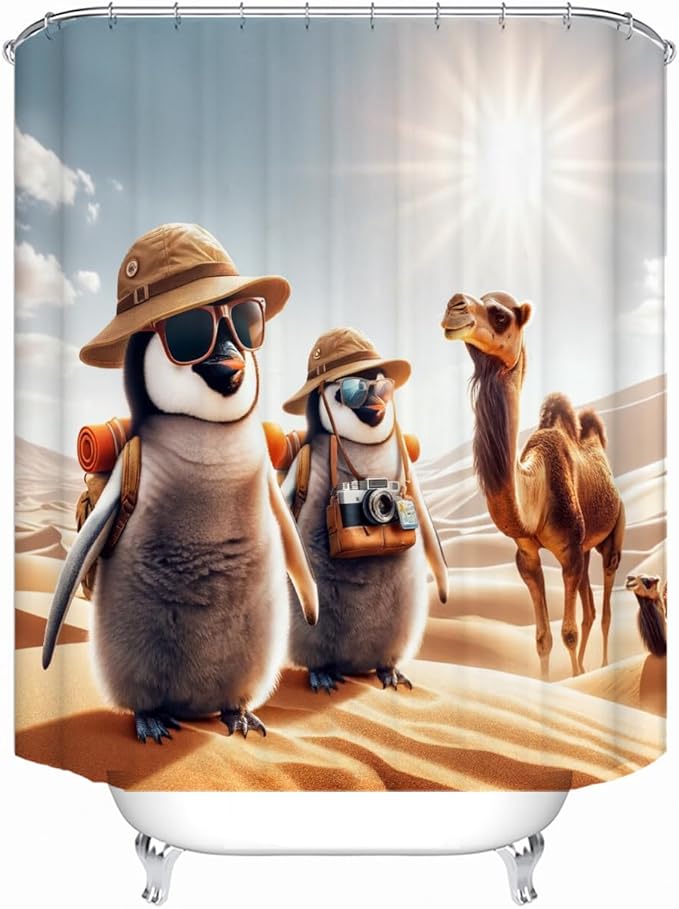 Bathroom Shower Curtains, Desert Penguin Camel Theme Design Waterproof Shower Curtains, Bathroom Decoration Set Animal Shower Curtain Hook 72 "Wx72 L-inch Fabric Shower Curtain.