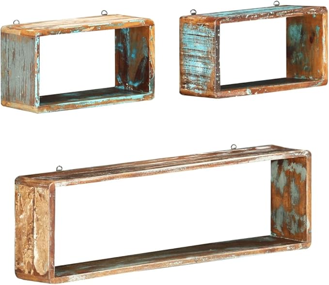 3 Piece Wall Cube Shelf Set, Solid Reclaimed Wood Floating Shelves for Living Room Bedroom, Unique Handmade Decorative Storage for Books Plants Decor