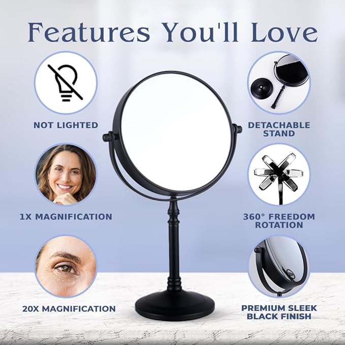 20X Magnified Makeup Mirror with Stand - Double Sided 20x and 1x Cosmetic Mirror for Make Up Desk, Dressing Table, Bathroom Countertop - 6" Wide & 12" Tall (Black)