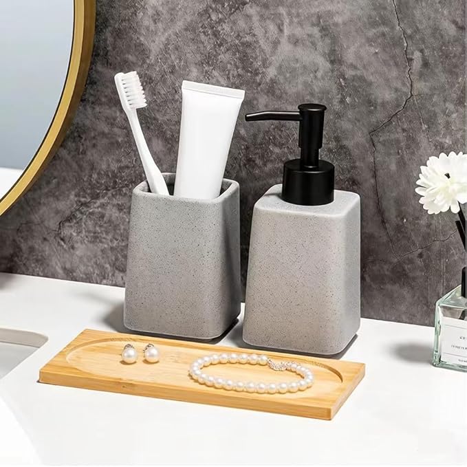 Grey Ceramic Bathroom Accessories Set,Soap Dispenser and Toothbrush Holder with Wooden Tray,Countertop Organizer for Stylish Bathroom