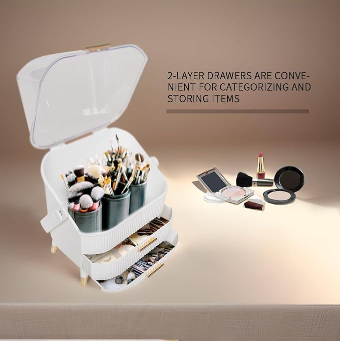 Portable Makeup Organizer, Skincare Case Storage and Makeup Box for Vanity, Cosmetic Display Case, Cosmetics Skincare Organizers Box with Waterproof & Dustproof Cover for Bedroom, White