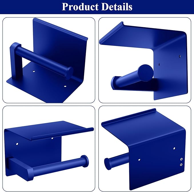 Tindbea Toilet Paper Holder with Shelf Adhesive or Screw Wall Mounted Toilet Paper Roll Dispenser Storage, Stainless Steel Bathroom Shelf Holder Accessories (Klein Blue)