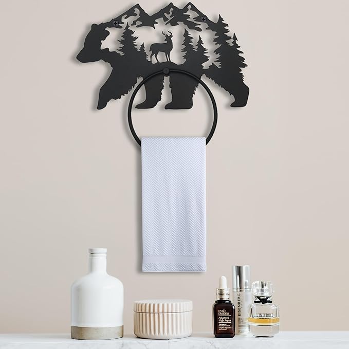 Black Bear Bathroom Decor Towel Holder for Bathroom Wall, Matte Black Log Cabin Towel Hook Rustic Bathroom Towel Rack Wall Mount, Round Towel Ring for Woodland Bathroom