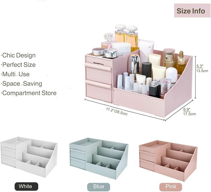 Simbuy Makeup Organizer for Vanity— Bathroom Countertop Cosmetics Organizer with Drawers for Lipstick, Brushes, Lotions, Eyeshadow, Nail Polish and Jewelry (Pink)